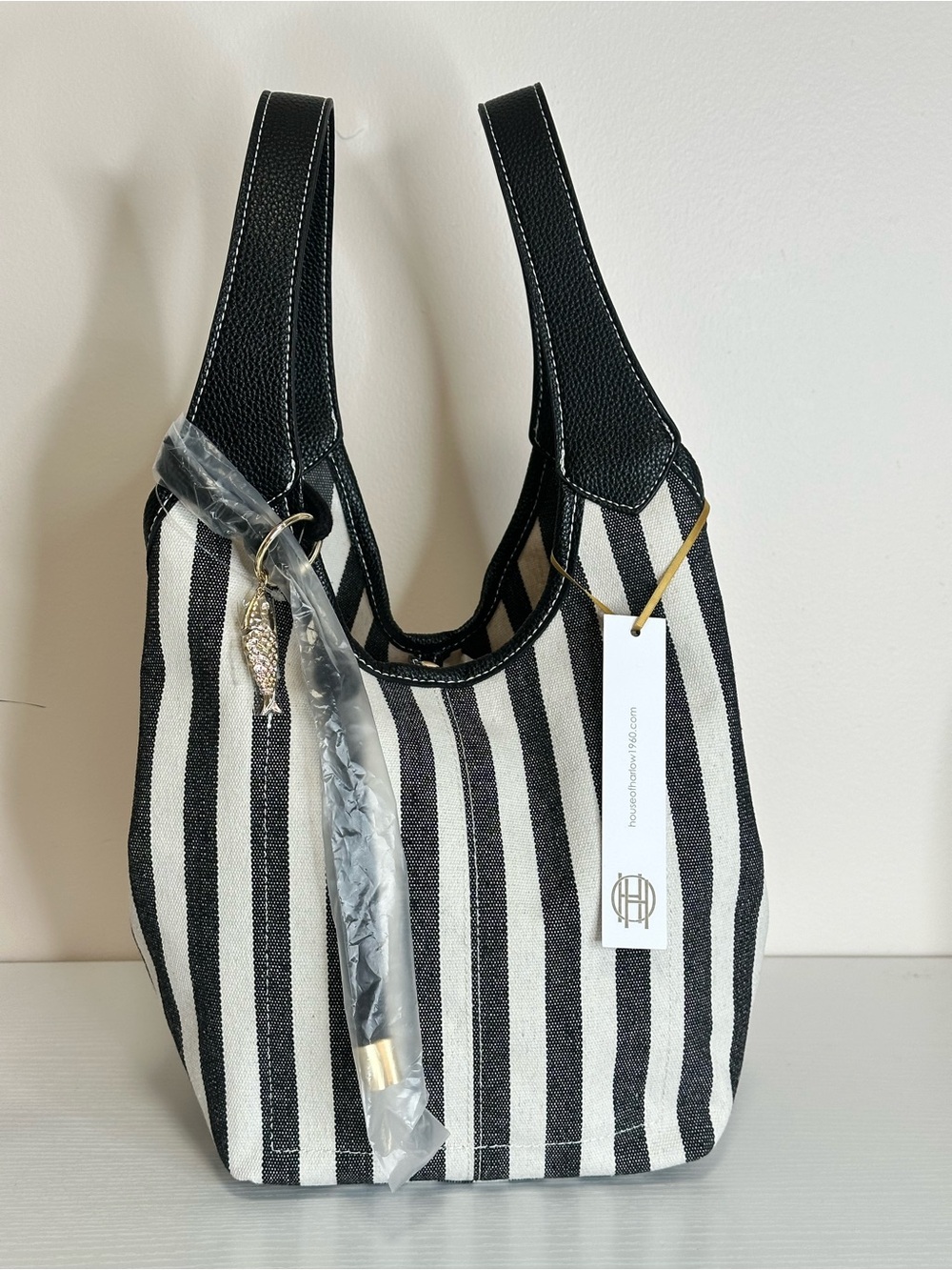 House of Harlow 1960 Black & White Striped Canvas Shoulder Tote Bag NWT